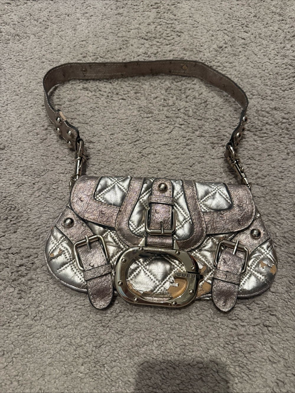 GUESS Quilted Metallic Shoulder Bag in Silver and Pink